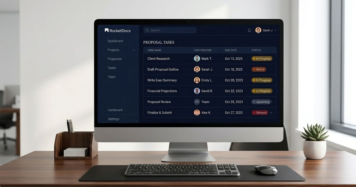 Project management dashboard showing assigned proposal tasks, contributor names, and completion status indicators