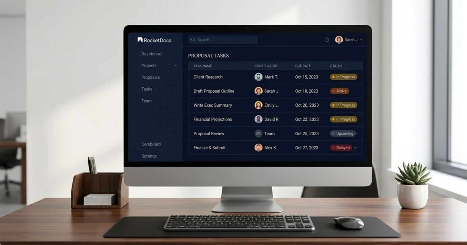 Project management dashboard showing assigned proposal tasks, contributor names, and completion status indicators