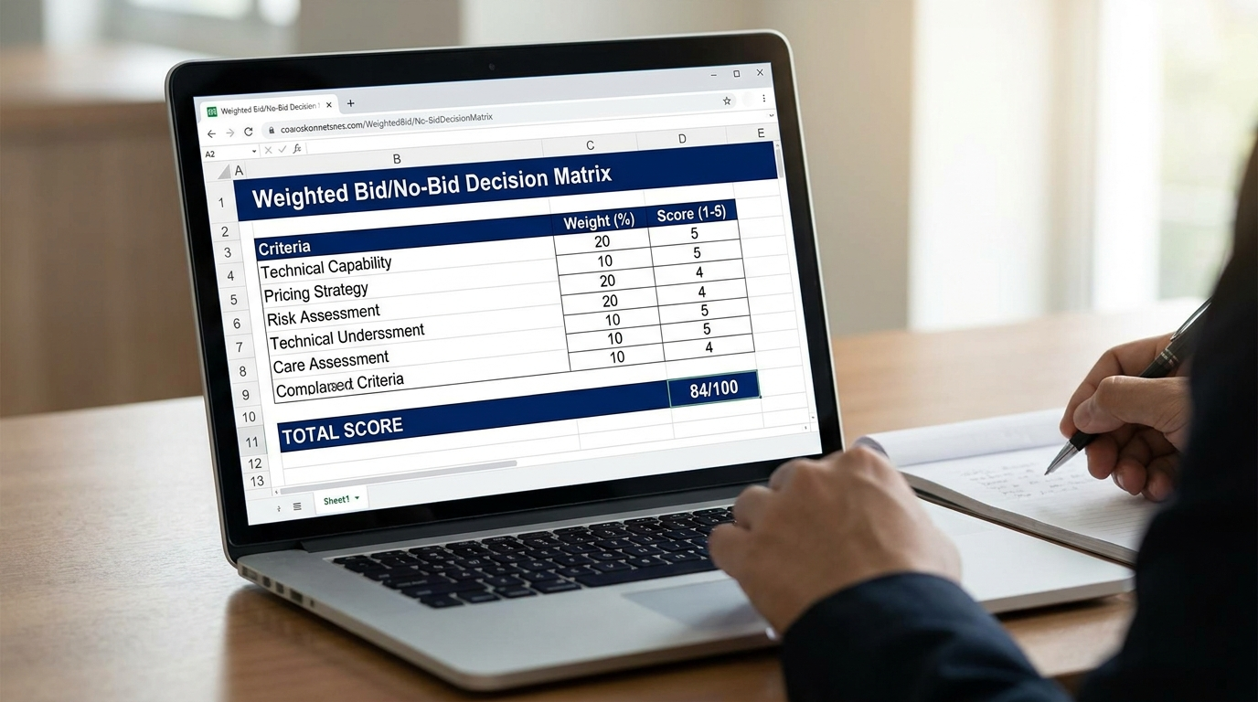 Laptop showing a weighted bid/no-bid decision matrix with criteria, scores, and a total