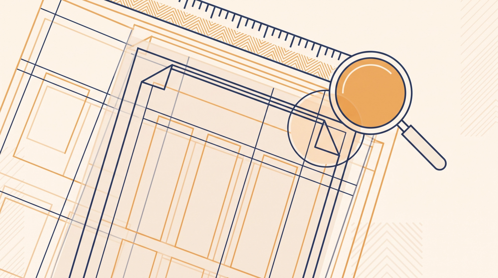 Stacked document page layouts with margin guides and a magnifying glass checking alignment