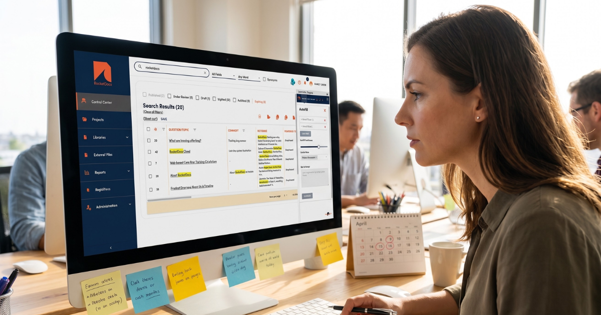 Proposal manager reviewing a searchable content library on a desktop monitor
