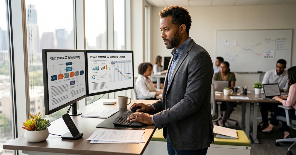 Professional reviewing proposal documents on dual monitors at a standing desk in a modern office