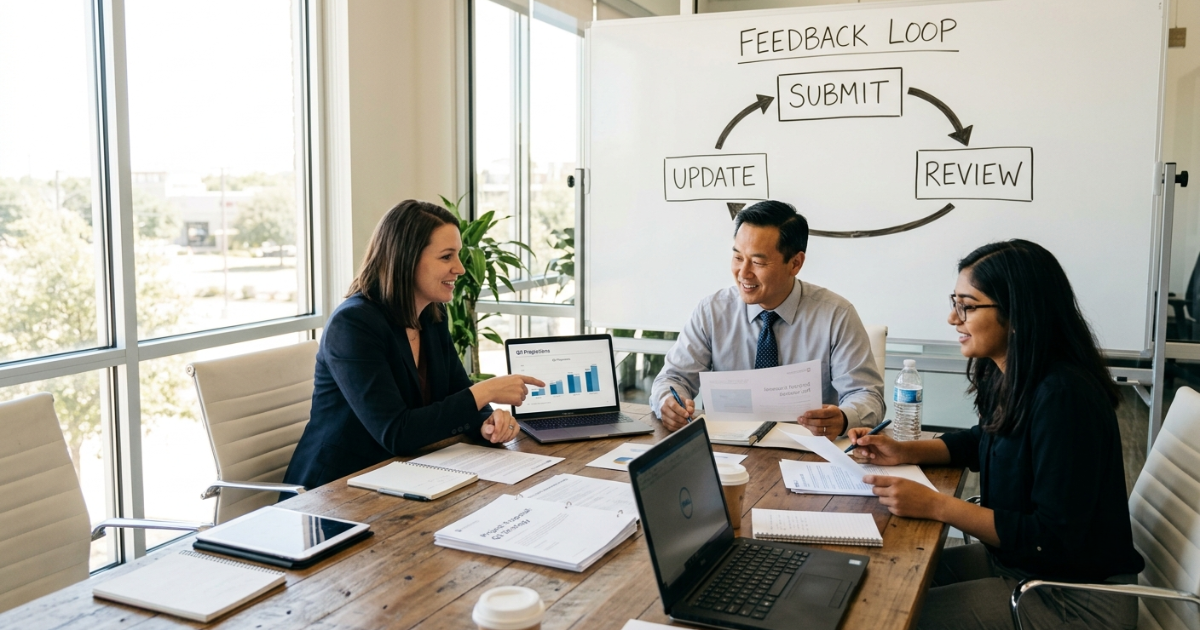 Three colleagues reviewing proposal documents at a conference table with a feedback loop diagram on the whiteboard