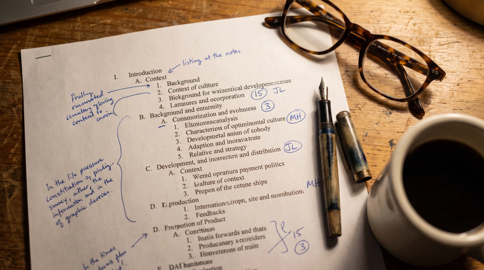Close up of an annotated proposal outline document with page counts and writer names in the margin