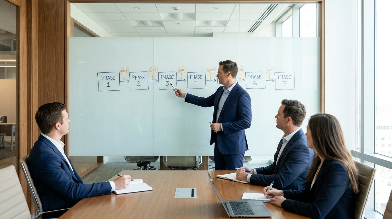 Business professional at a whiteboard showing a seven-stage phase-gate process diagram