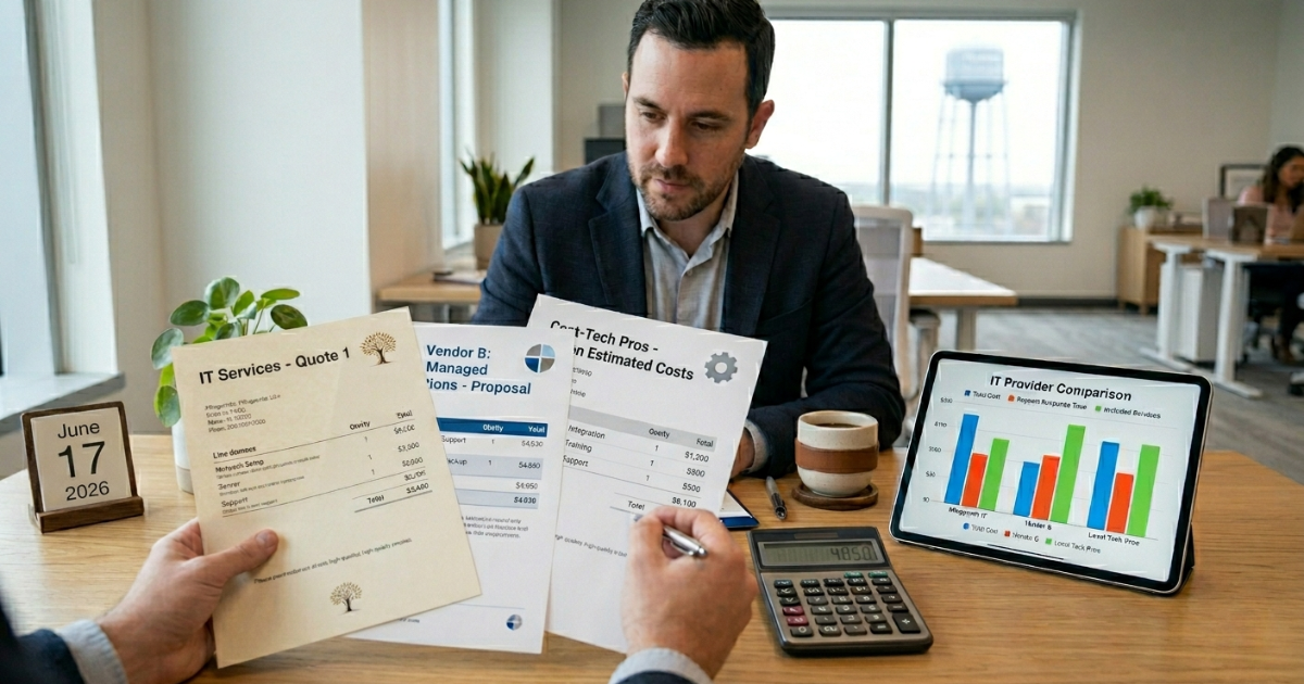 Person comparing vendor price quotes on a tablet and printed sheets