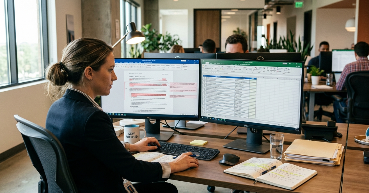 Project manager pointing at a task tracking dashboard on a laptop