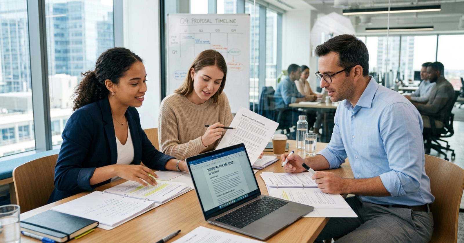 Three colleagues reviewing a proposal draft together at a desk