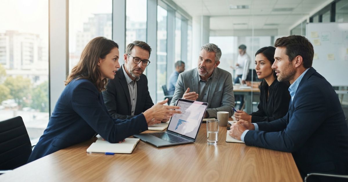 Professionals discussing a software decision around a conference table