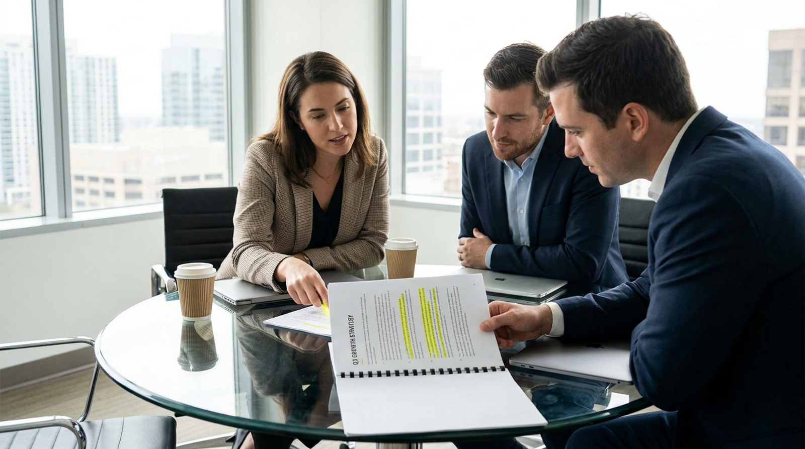 Proposal team highlighting key sentences on a printed proposal at a conference table