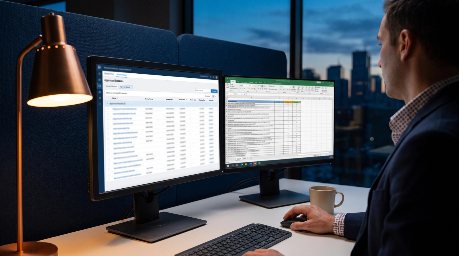 Compliance analyst reviewing an approved answer library on screen beside a questionnaire spreadsheet
