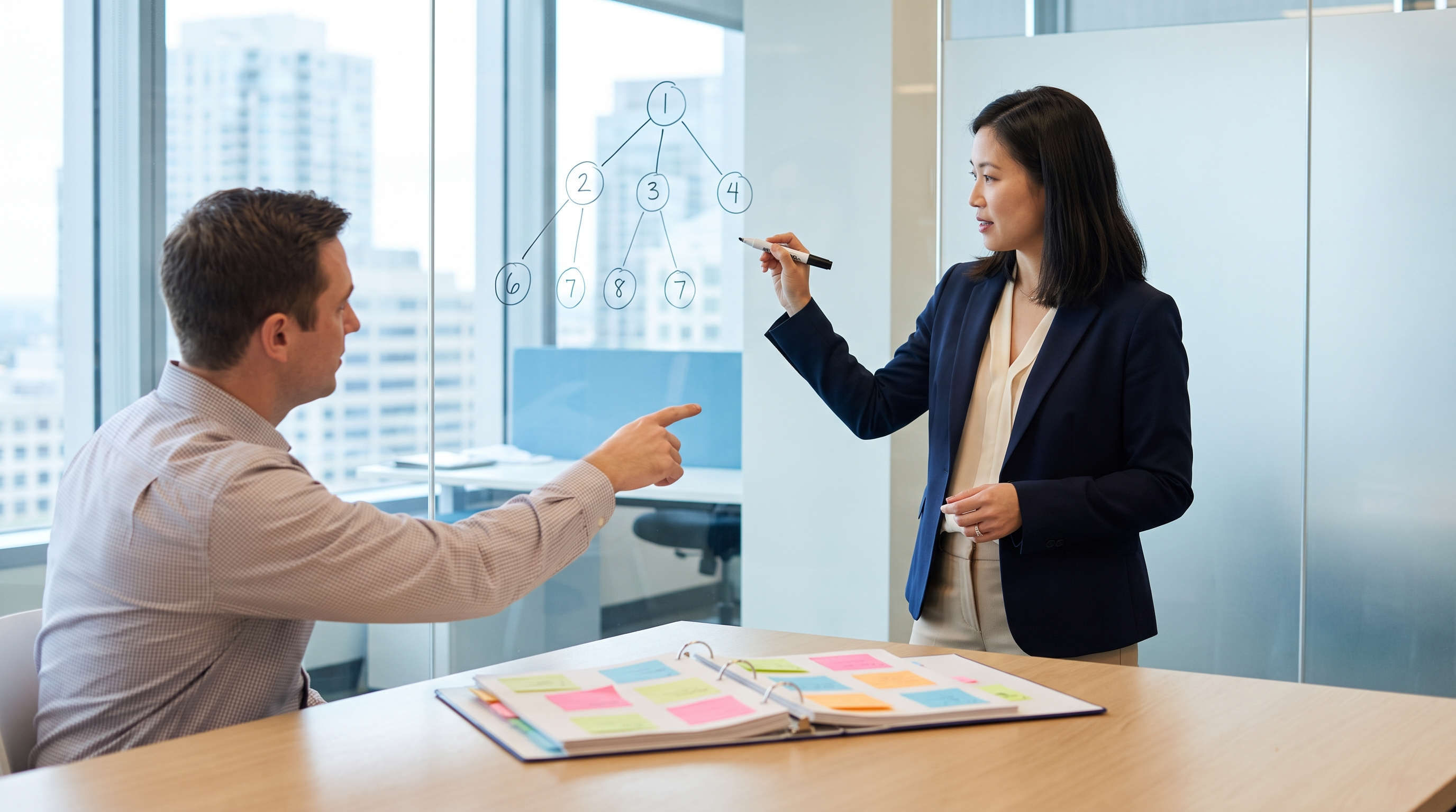 Proposal manager at a whiteboard mapping numbered response sections against a printed solicitation