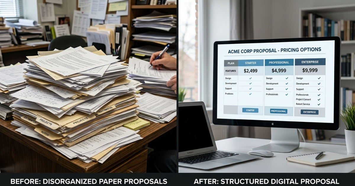 Side-by-side comparison of a cluttered desk stacked with paper proposals versus a monitor displaying a clean digital pricing table