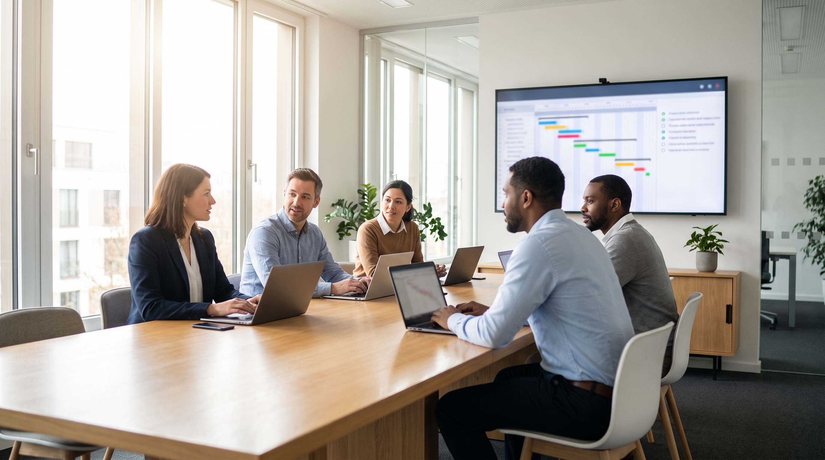 Proposal team seated around a conference table reviewing a project timeline and requirements checklist on a wall display