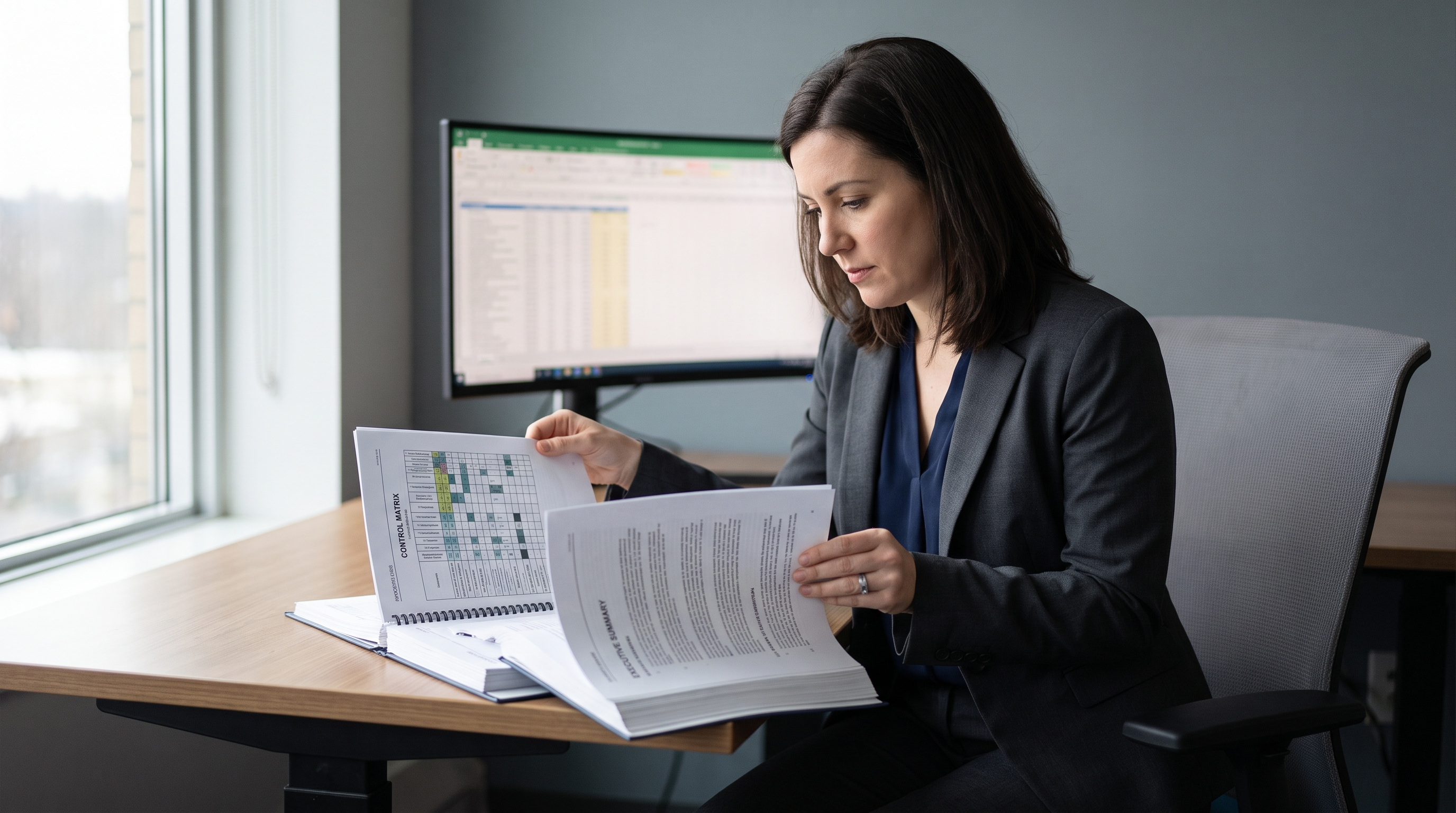 Compliance manager comparing two printed audit reports side by side at an office desk