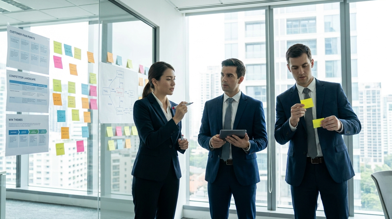 Capture team mapping customer priorities and competitors on a glass wall before a bid