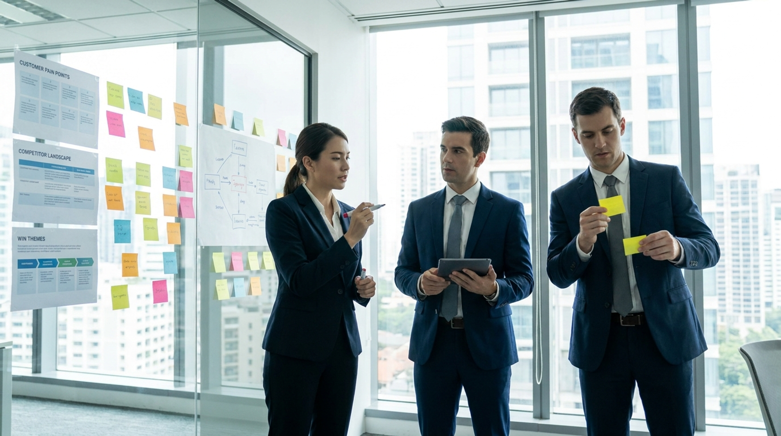 Capture team mapping customer priorities and competitors on a glass wall before a bid