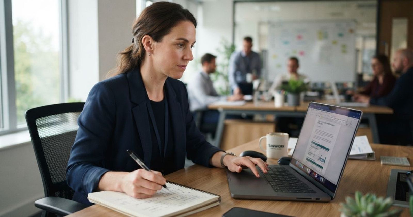 Procurement professional reviewing a document on a laptop at a desk