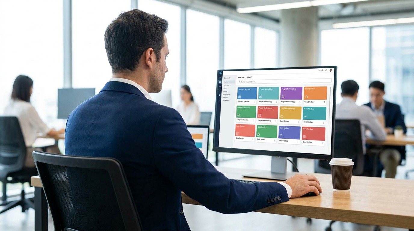Proposal manager assembling a cover letter from a digital content library on a laptop