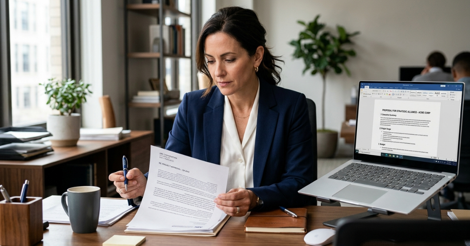 Person reviewing a printed letter at a desk with an open laptop nearby