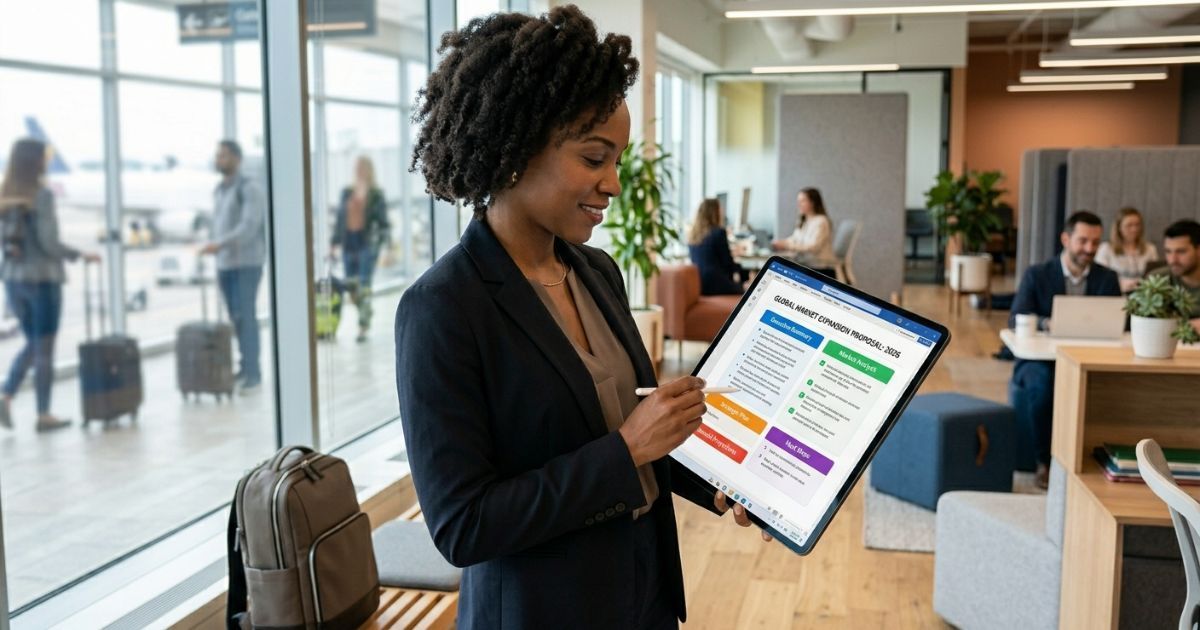 Business professional using a tablet to review a structured proposal document in a co-working or travel setting
