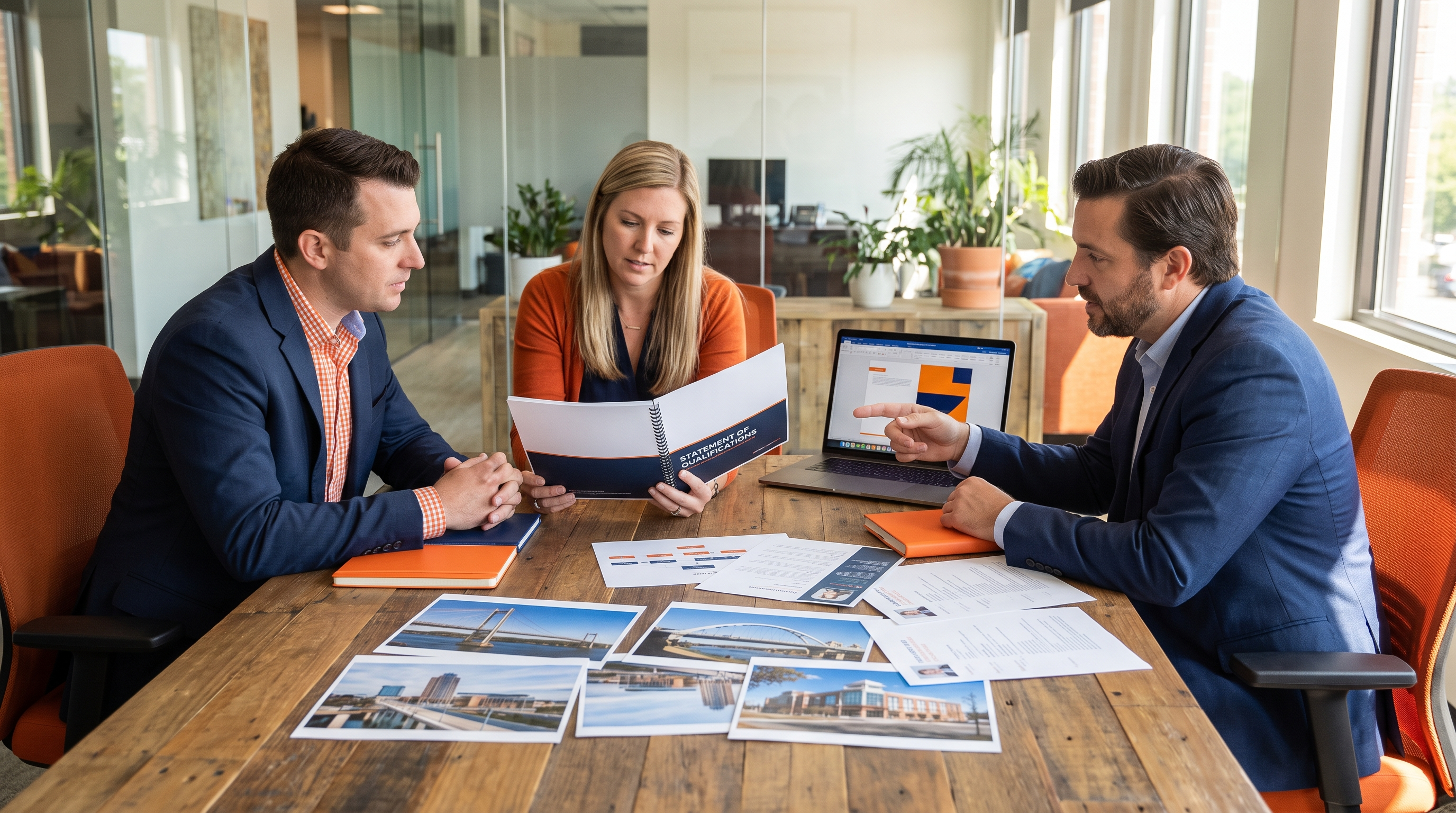 Three professionals at a conference table reviewing a bound qualifications booklet with project photos and resumes