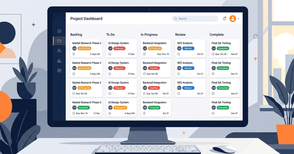 Digital workflow dashboard showing task assignment cards with status labels and deadline counters