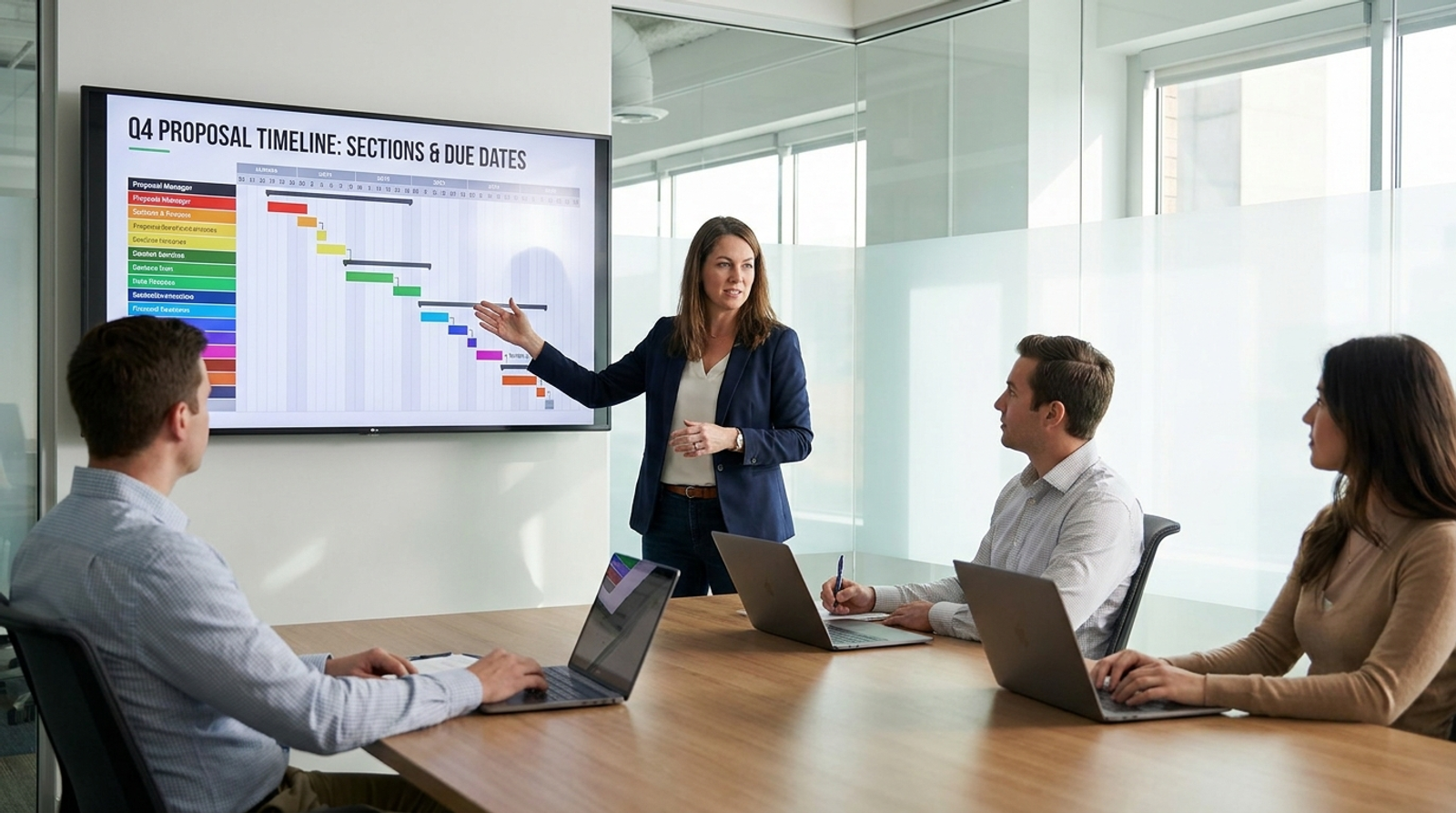 Proposal manager leading a kickoff meeting with a response timeline on a wall monitor