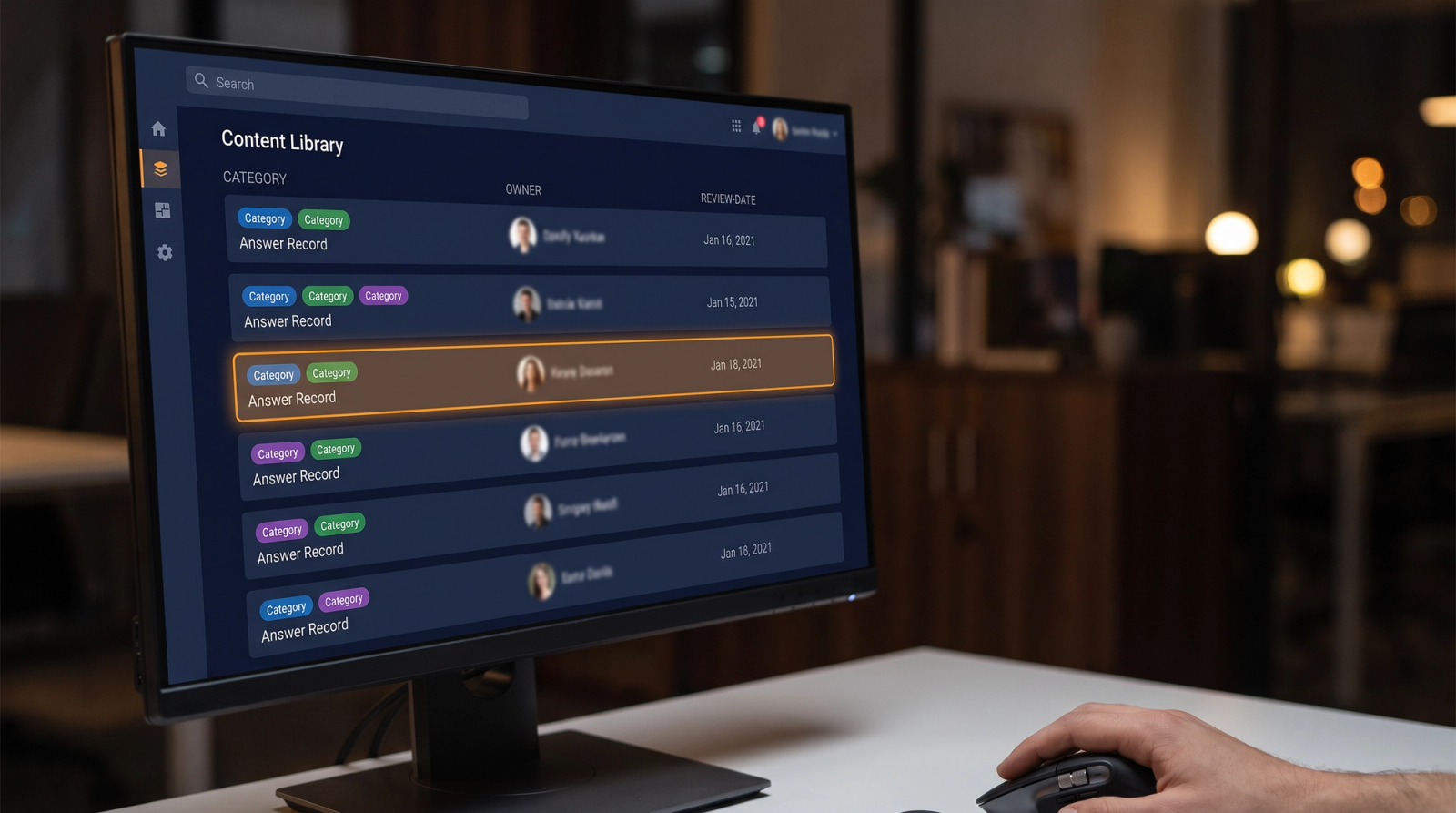 Close-up of a content library screen showing answer owners, tags, and upcoming review dates