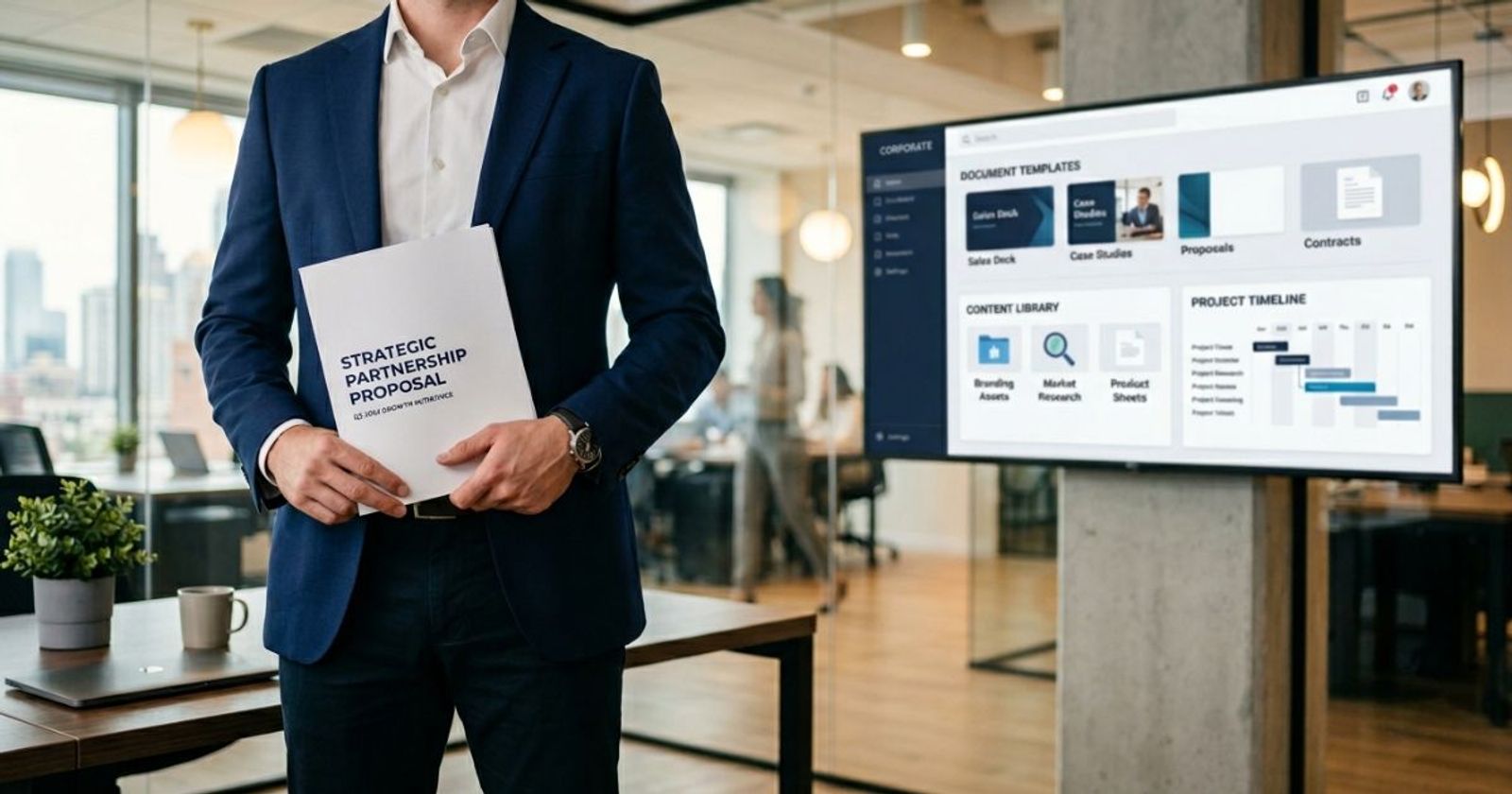 Sales professional holding a branded proposal document in a modern office with a proposal dashboard visible on screen in the background