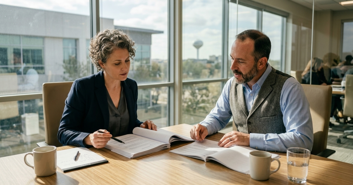 Proposal manager and technical expert reviewing RFP documents together at a conference table