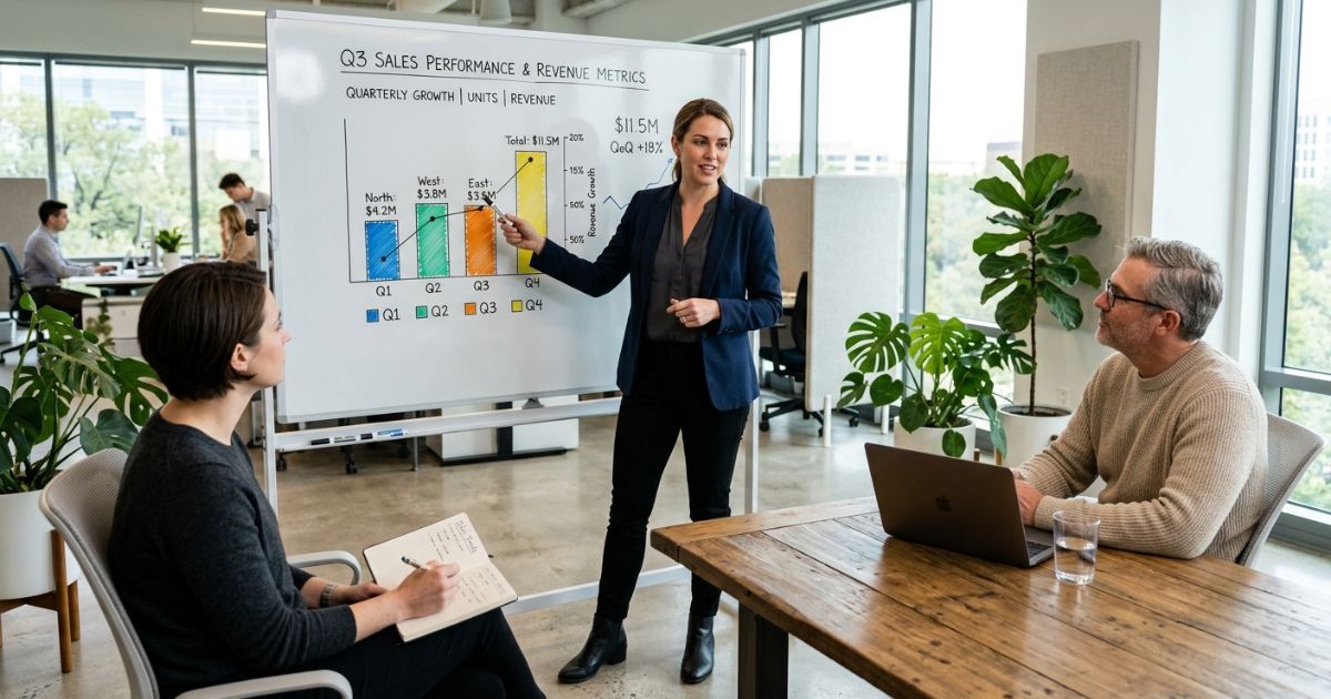 Business professional presenting data on a whiteboard to two colleagues seated at a conference table