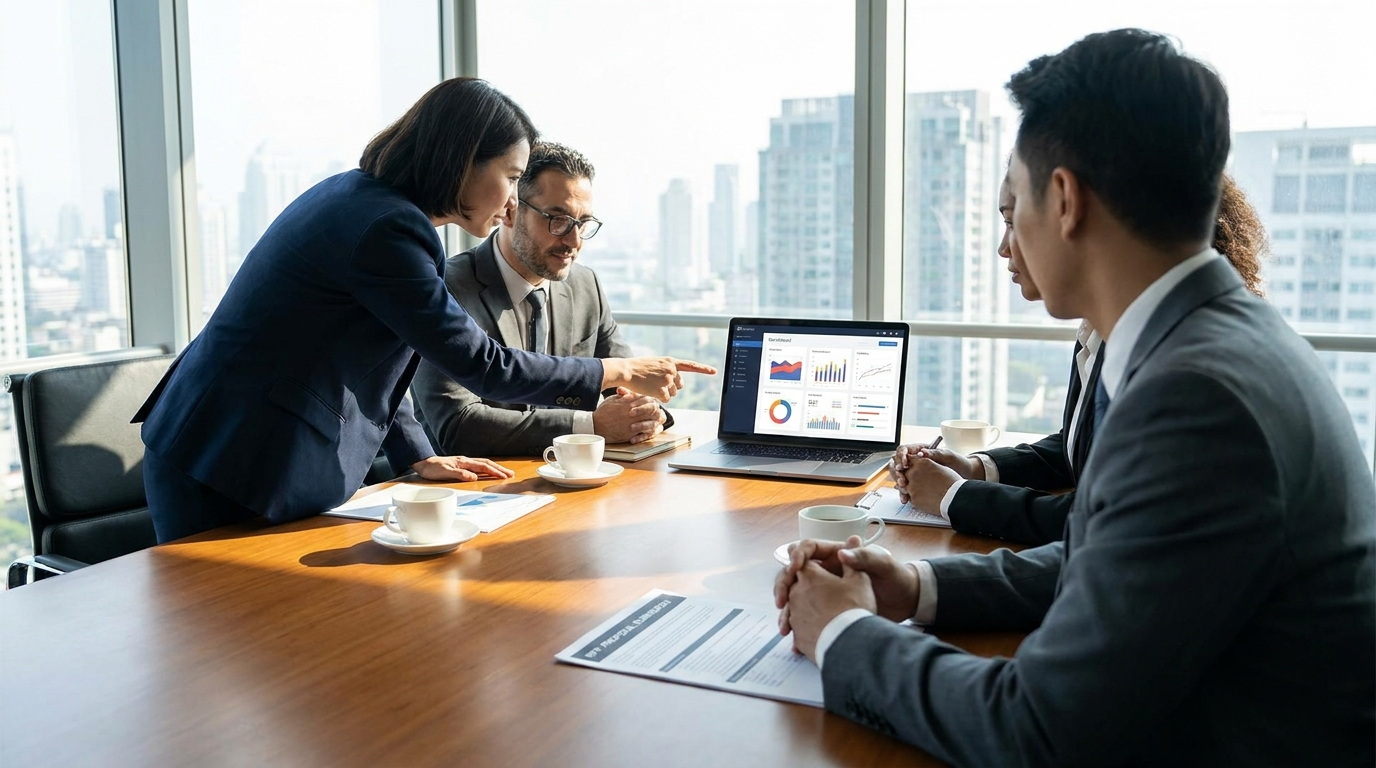 Proposal team reviewing an RFP and a scoring dashboard around a conference table