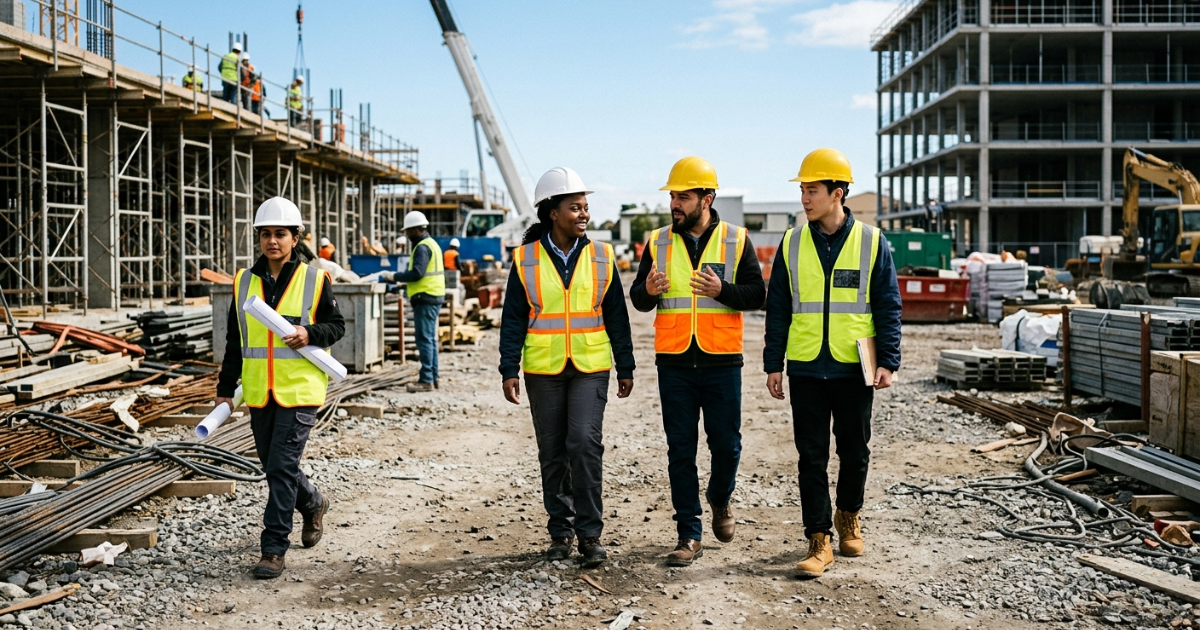 Small group of people in hard hats walking through a construction site together
