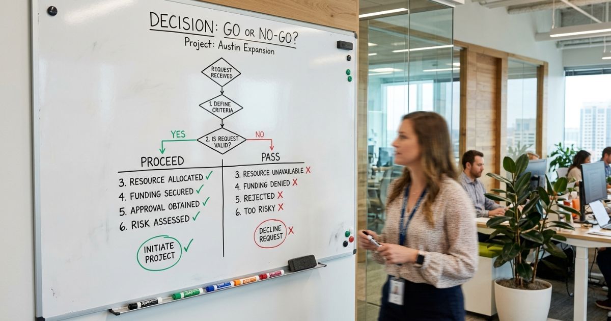 Whiteboard showing a go or no-go decision flowchart for RFP pre-screening with two columns
