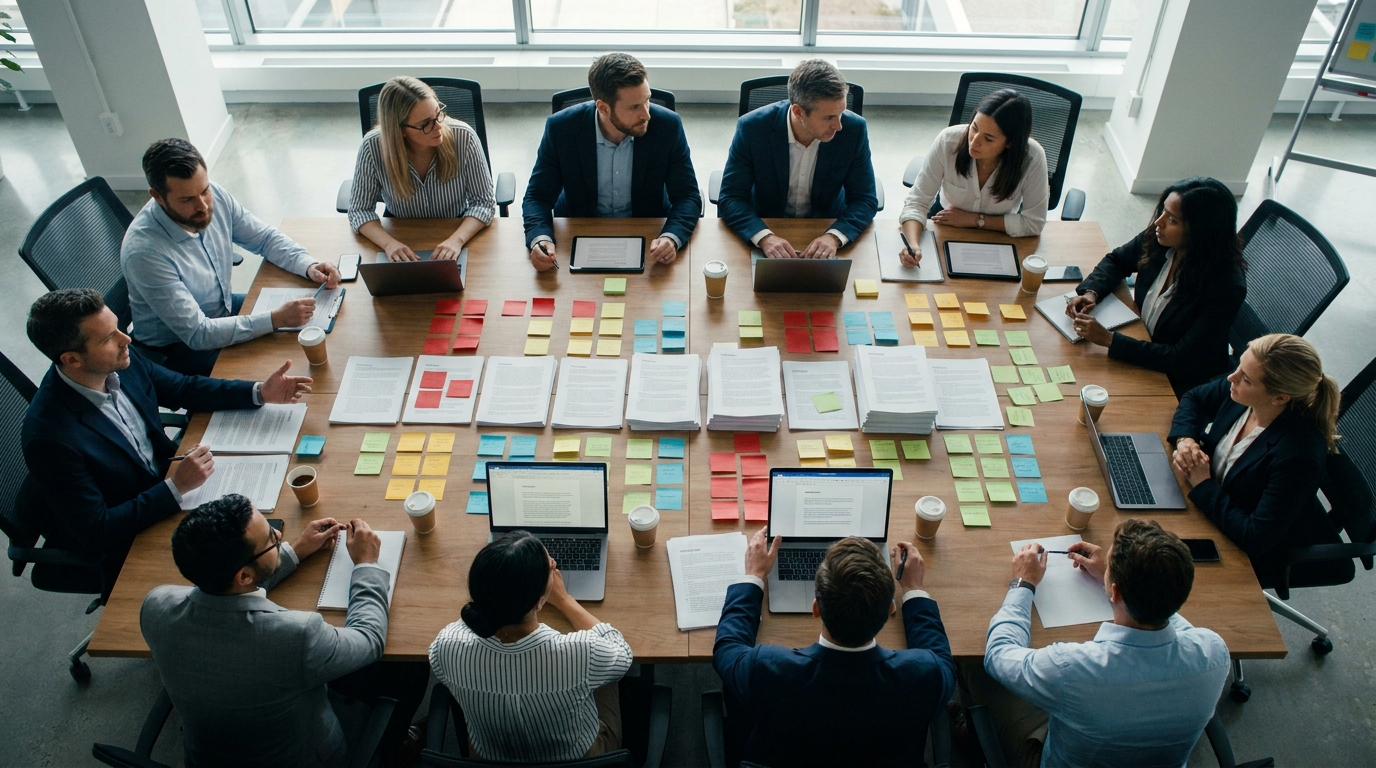 Proposal team reviewing color-coded draft pages and laptops around a conference table