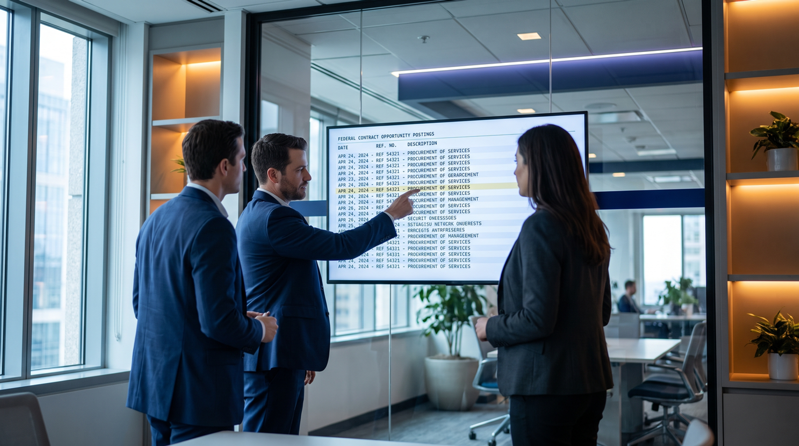 Capture team reviewing federal contract opportunity listings on a large office monitor