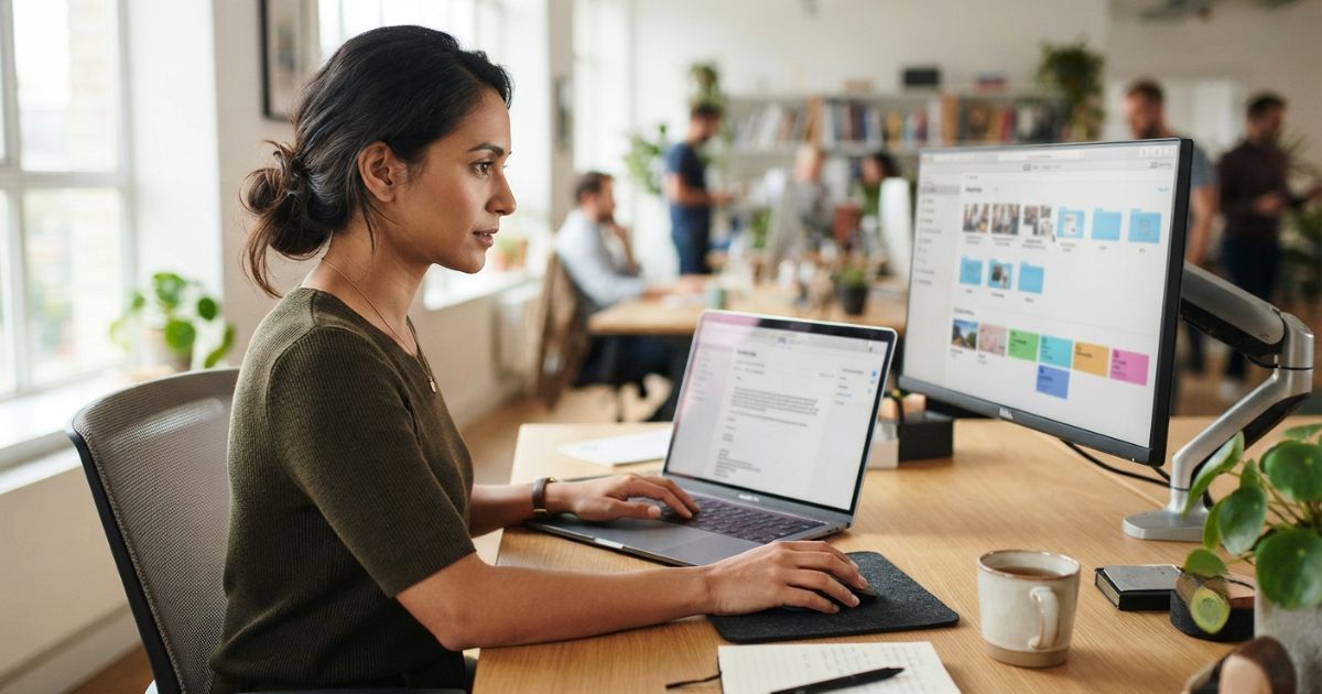 Person drafting a response with a content library open on a second monitor