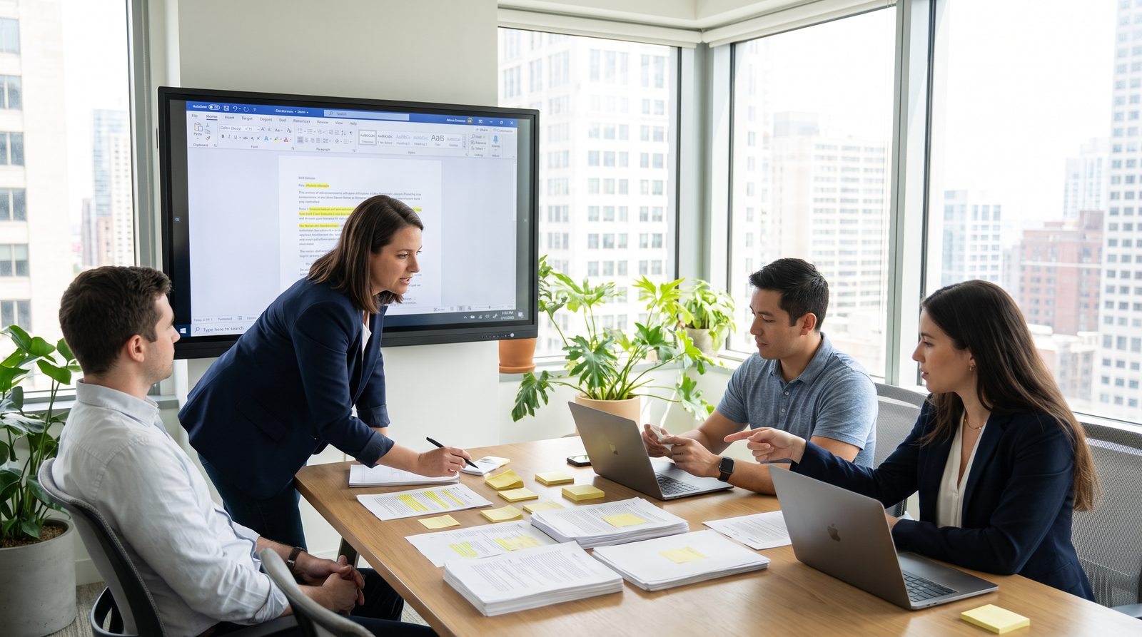 Proposal team reviewing printed pages and a draft on a large monitor around a conference table