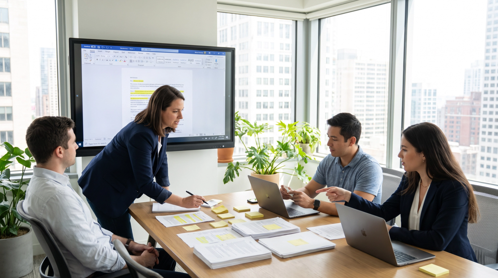 Proposal team reviewing printed pages and a draft on a large monitor around a conference table
