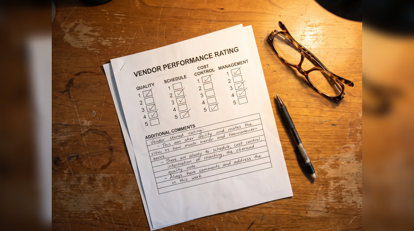 Completed vendor performance rating form showing a five-point scale for quality, schedule and cost control