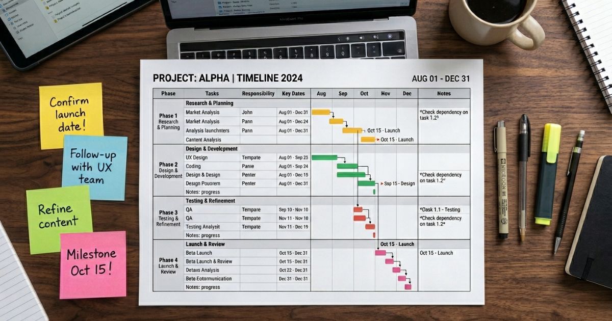 Overhead view of a printed project timeline with sticky notes and planning materials on a desk