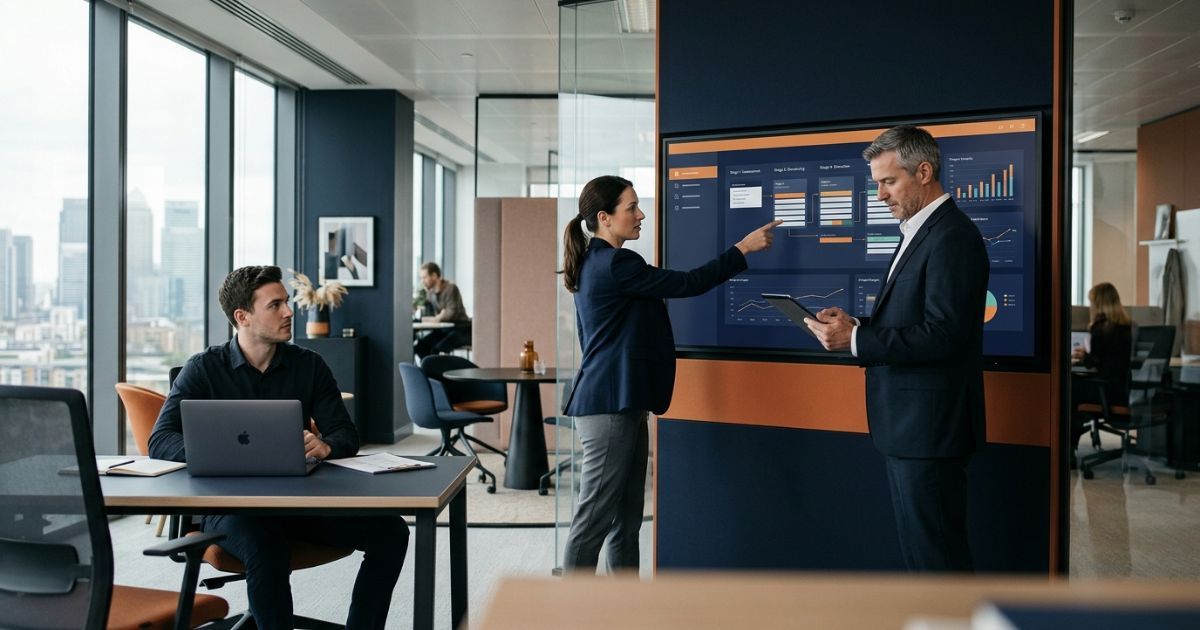 Finance team reviewing RFP and DDQ workflow progress on a large office display