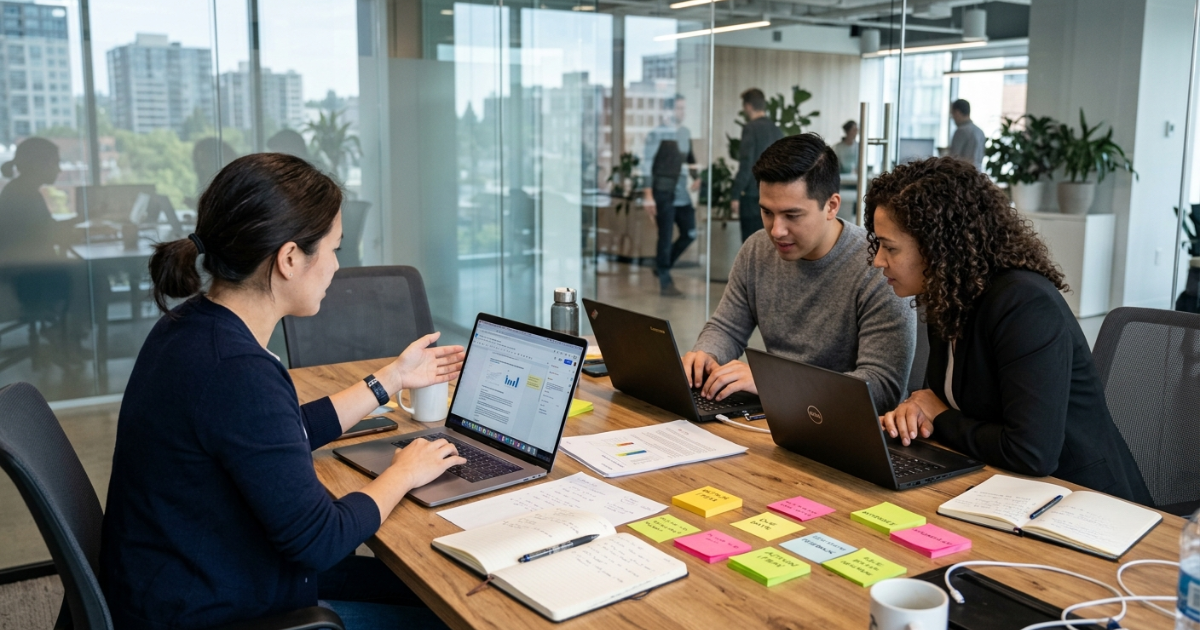 Three team members collaborating on an RFP response at a conference table with laptops and documents