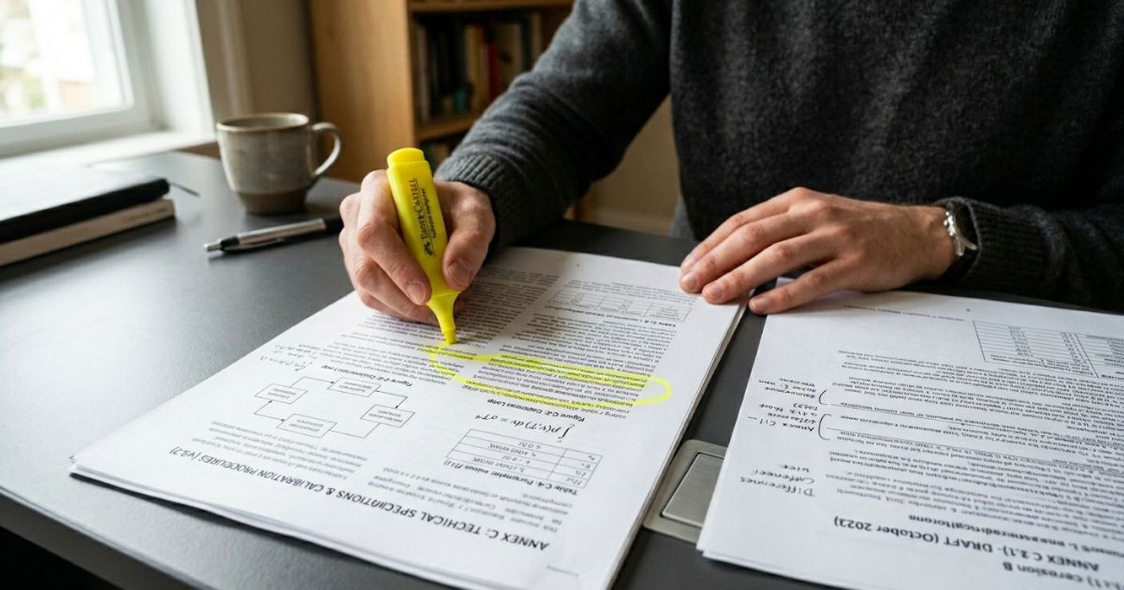 Person highlighting dense technical language in an RFP document while comparing it to a second document