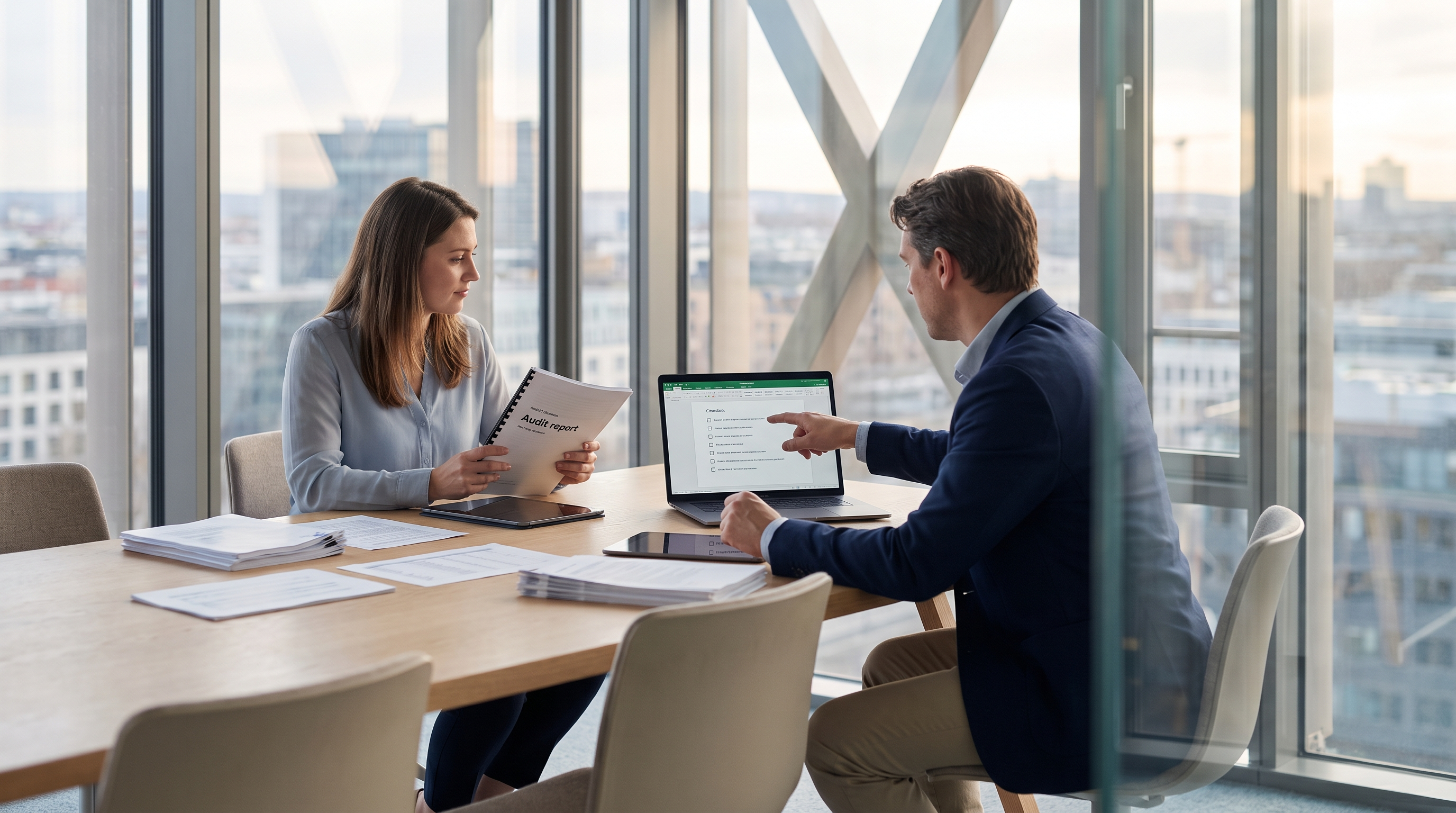 Two professionals reviewing vendor due diligence paperwork and an audit report in a glass meeting room