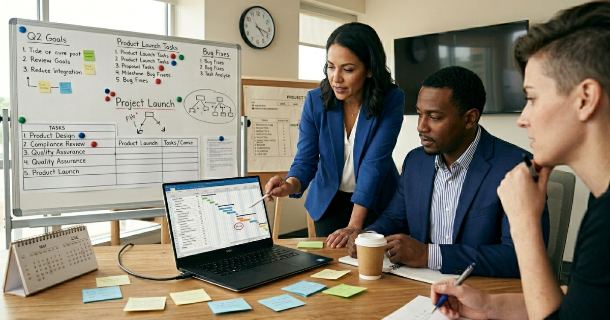 Three colleagues reviewing a shared project schedule on a laptop in a meeting room