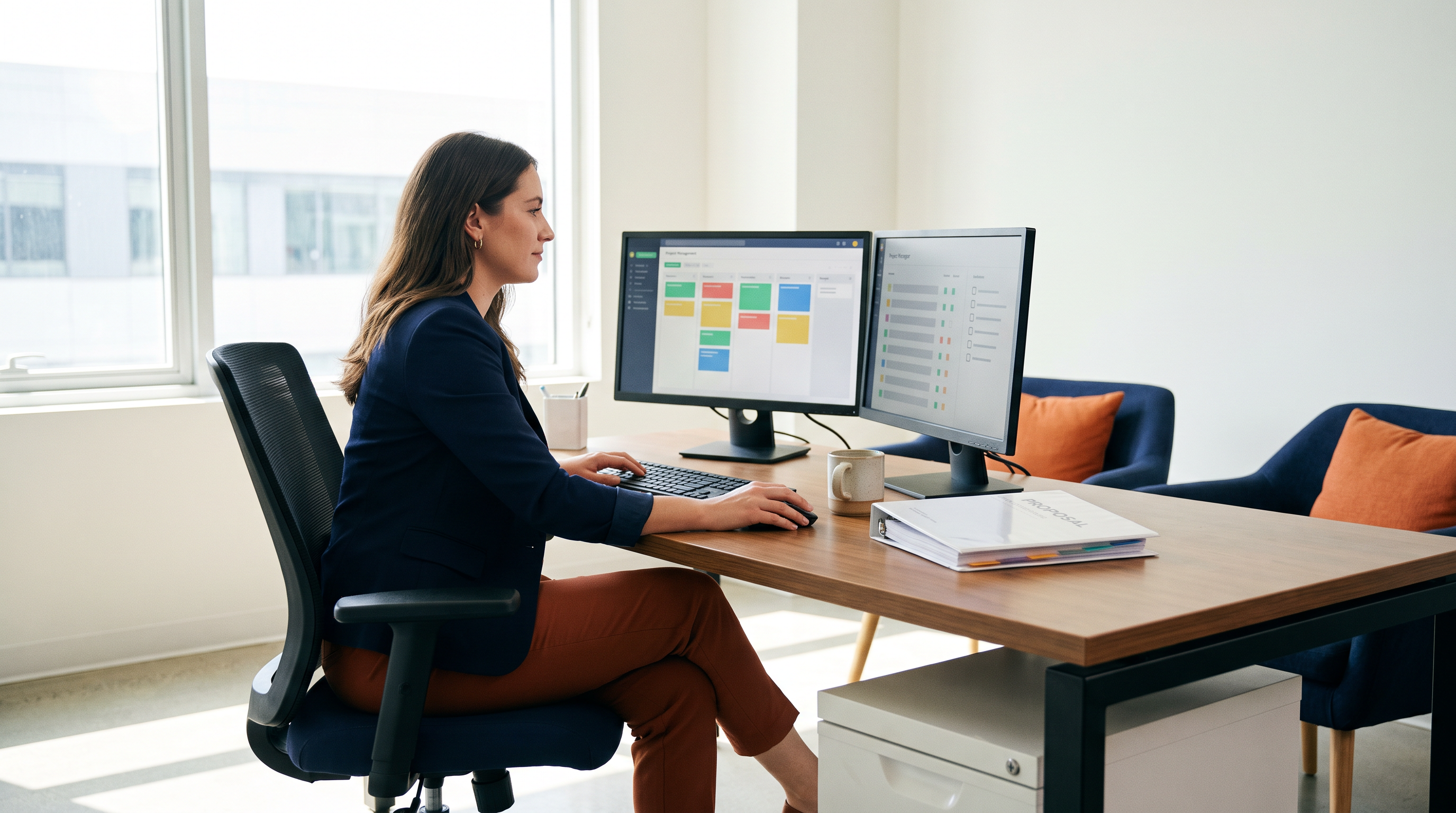 Proposal coordinator at a desk with two monitors showing task checklists and a deadline timeline