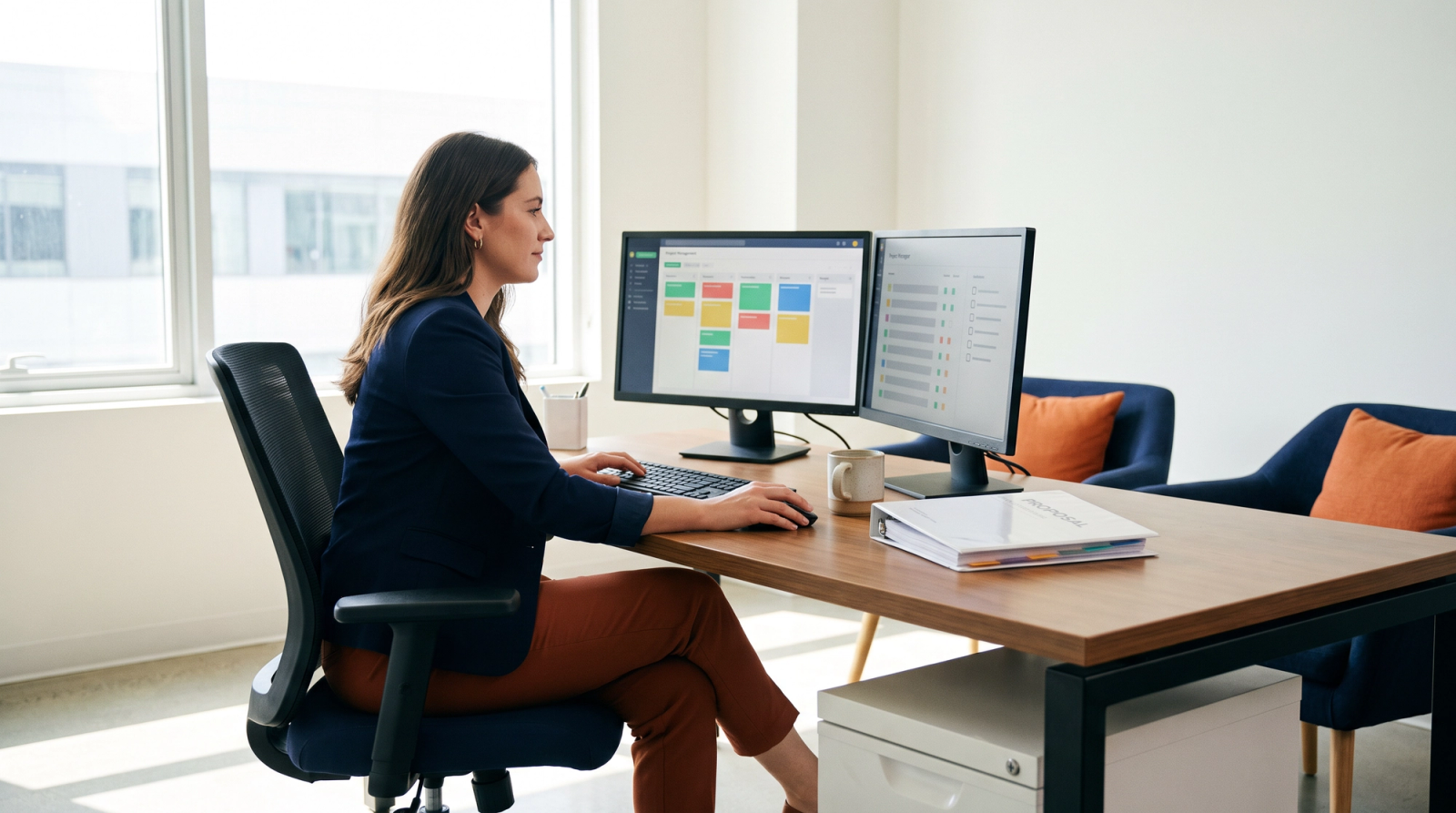Proposal coordinator at a desk with two monitors showing task checklists and a deadline timeline
