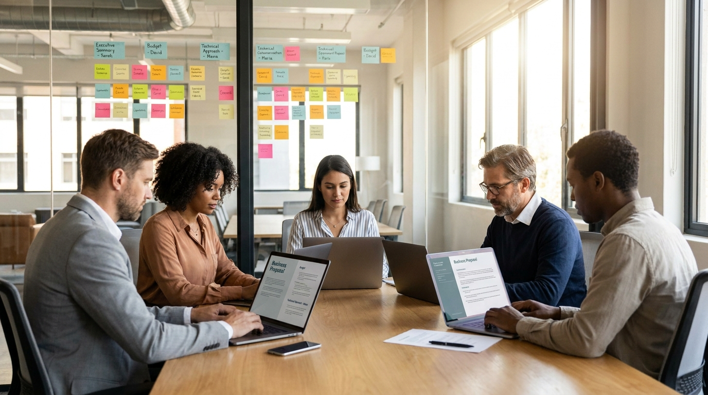 Proposal team dividing response sections around a table with ownership notes on a glass wall